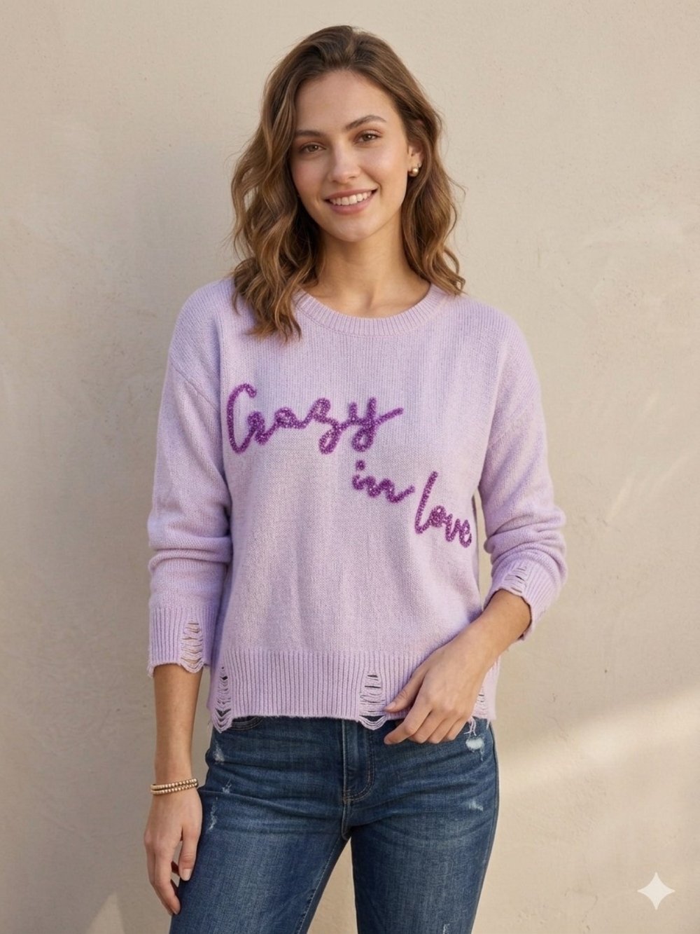 Le Lis "Crazy in Love" Distressed Knit Sweater - Lavender - M